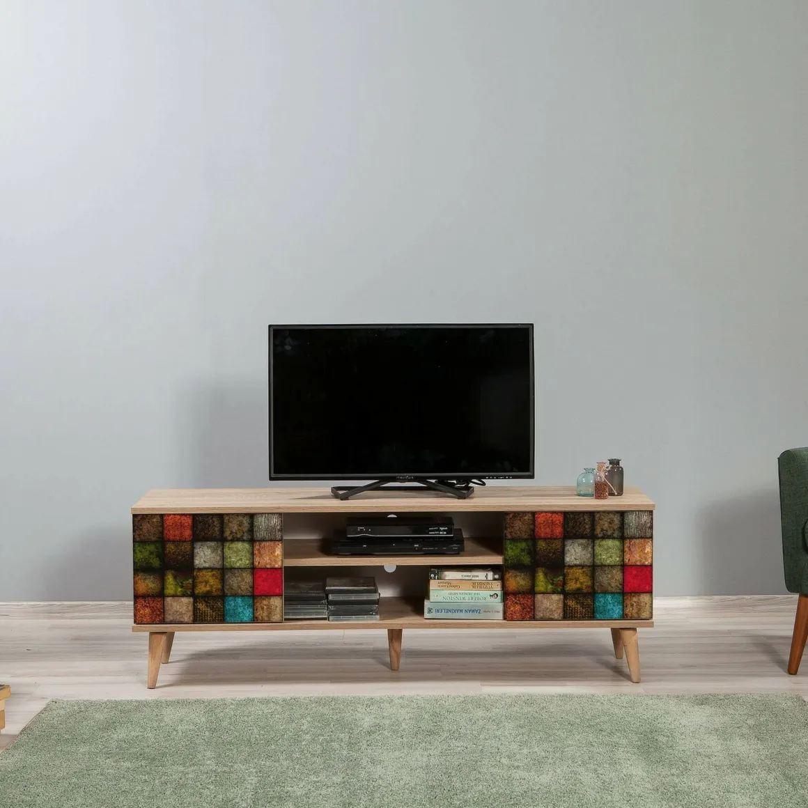 Porta TV quercia e multicolore 140x40x50h cm 2 ante - Enrica