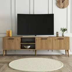 Mobili Porta Tv > Dmora Porta TV quercia 180x35x53h cm 3 ante - Brugine Marrone Quercia