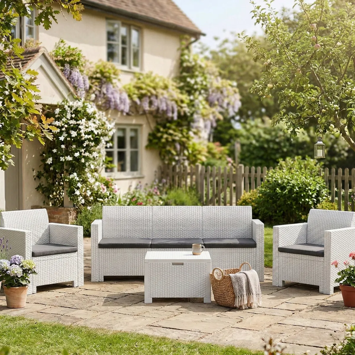 Set Da Esterno|Outdoor > Dmora Salotto da cortile poltrone e divano effetto rattan - Admiral Bianco