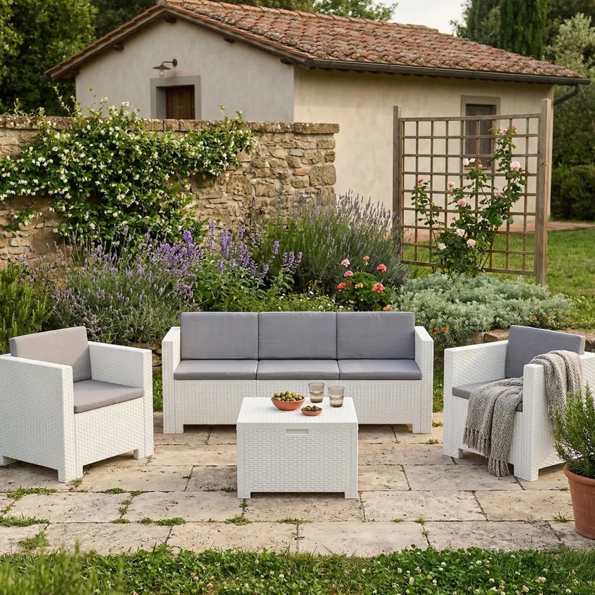 Set Da Esterno|Outdoor > Dmora Salotto da esterno 5 posti e 1 tavolo effetto rattan - Somnus Bianco