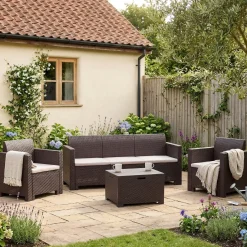 Salotto da esterno 5 posti e 1 tavolo effetto rattan marrone - Admiral