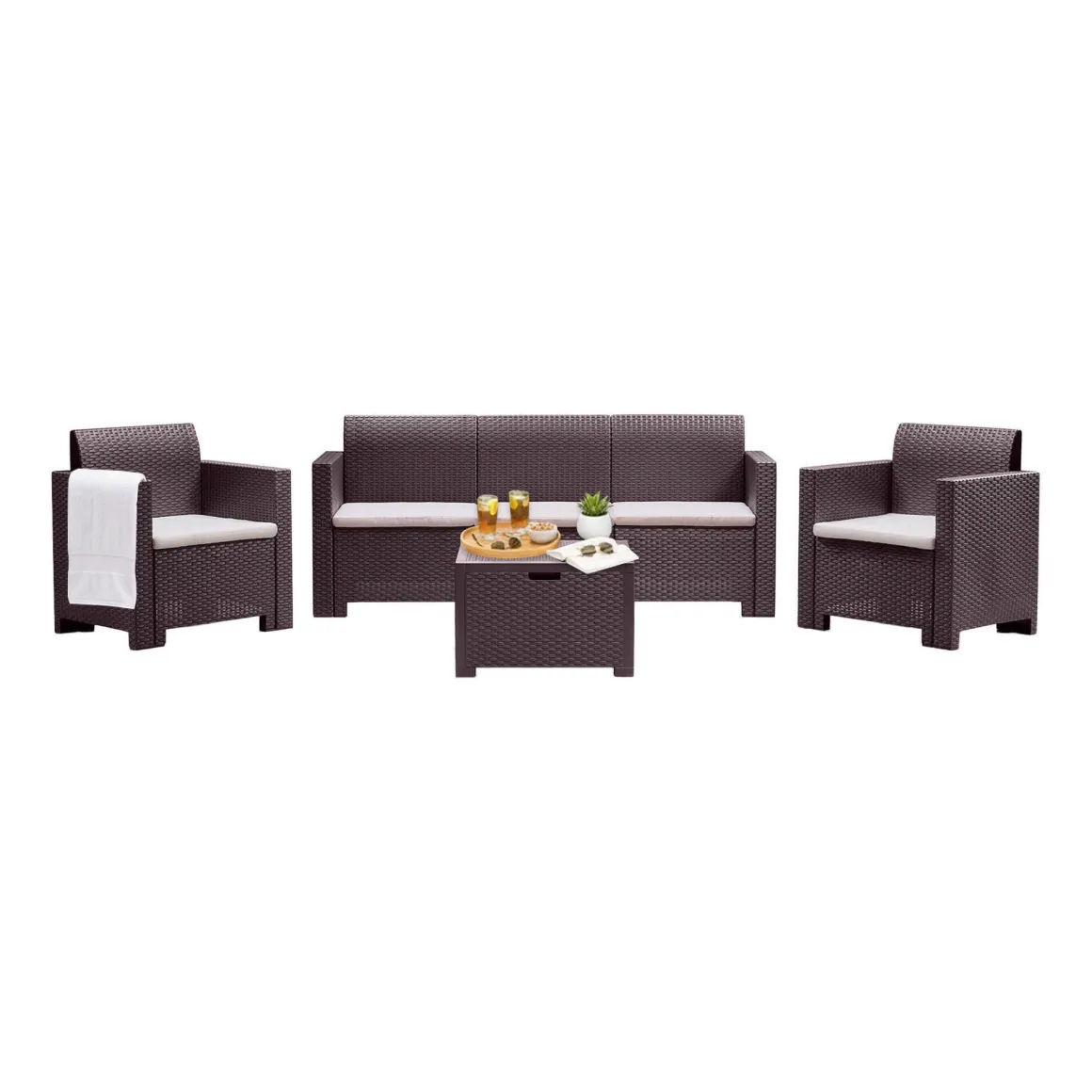 Salotto da esterno 5 posti e 1 tavolo effetto rattan marrone - Admiral