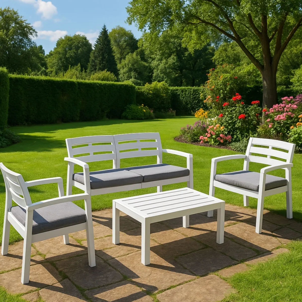 Set Da Esterno|Outdoor > Dmora Salotto da giardino panche e tavolo effetto doghe - Arti Bianco