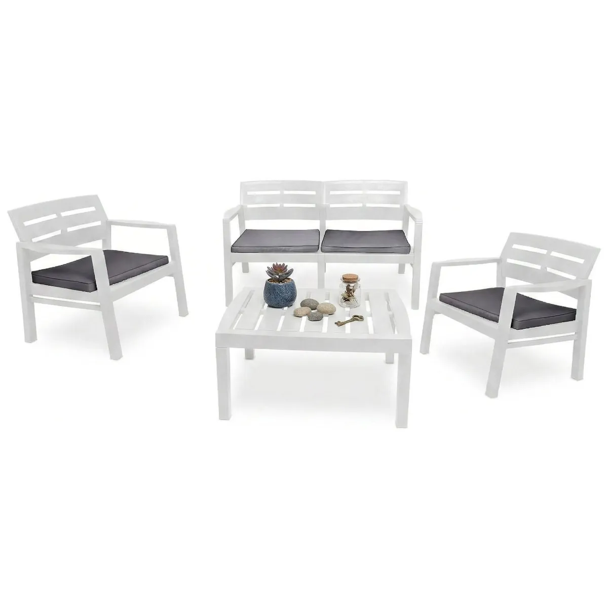 Set Da Esterno|Outdoor > Dmora Salotto da giardino panche e tavolo effetto doghe - Arti Bianco
