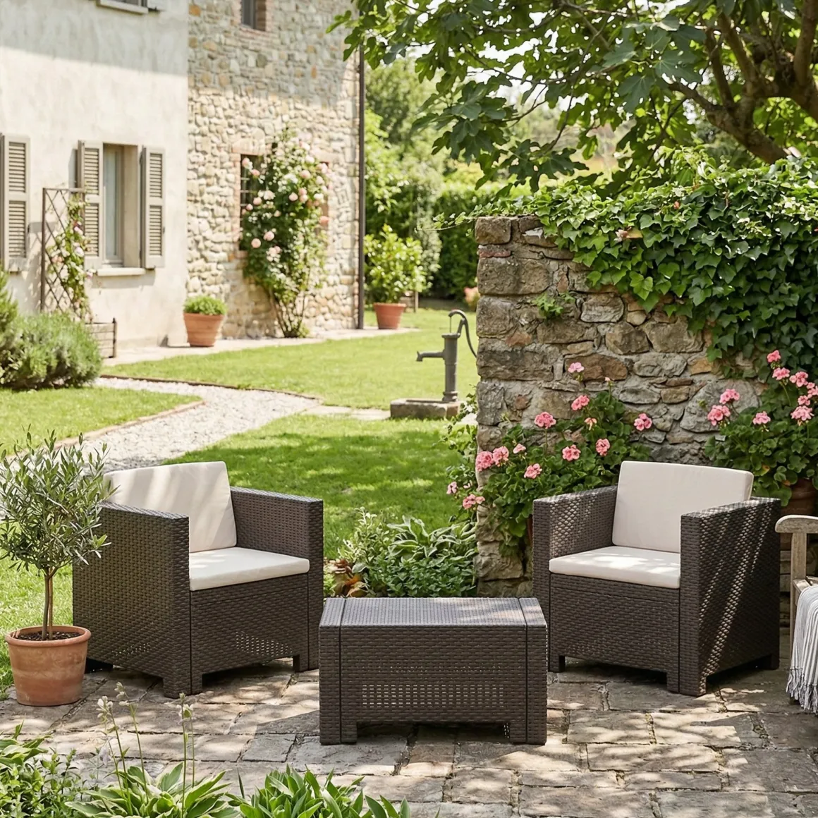 Set Da Esterno|Salotti Da Giardino > Dmora Salotto da giardino 2 posti e 1 tavolo tortora - Brooks Grigio Tortora