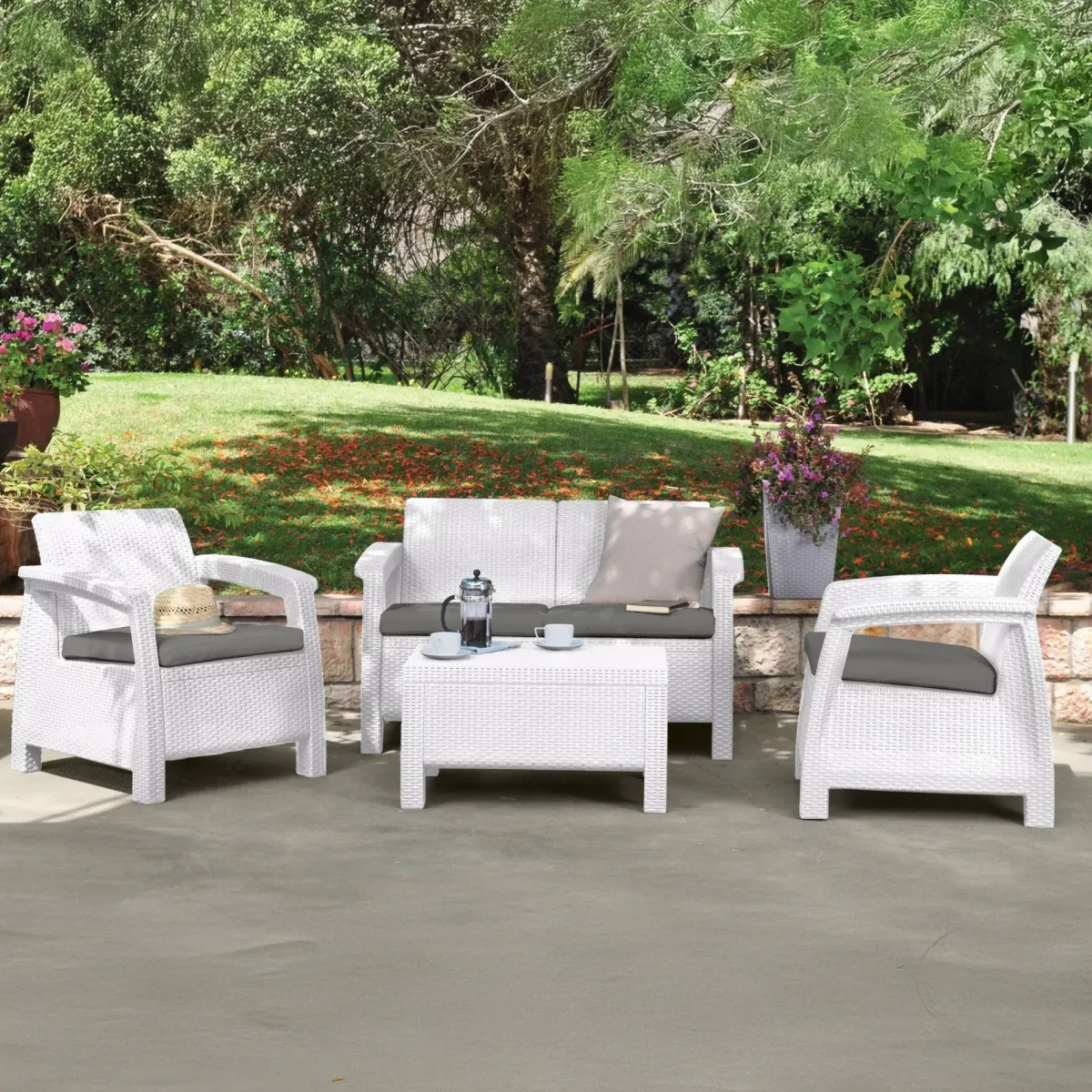Set Da Esterno|Salotti Da Giardino > Dmora Salotto da terrazza con poltrone e divano - Nelson Bianco