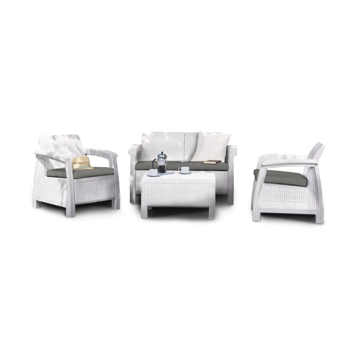 Set Da Esterno|Salotti Da Giardino > Dmora Salotto da terrazza con poltrone e divano - Nelson Bianco