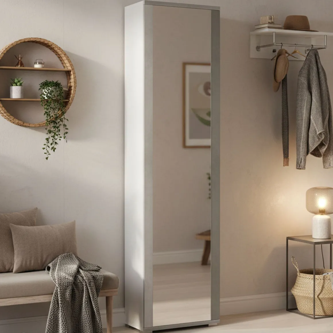 Scarpiera alta bianca e cemento 50x182h cm con specchio - Asiago