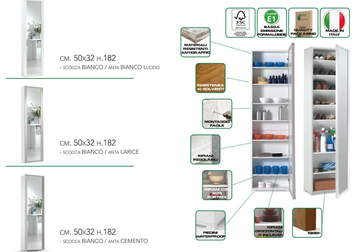 Bagno|Scarpiere > Dmora Scarpiera alta bianca 50x182h cm anta a specchio - Asiago Bianco
