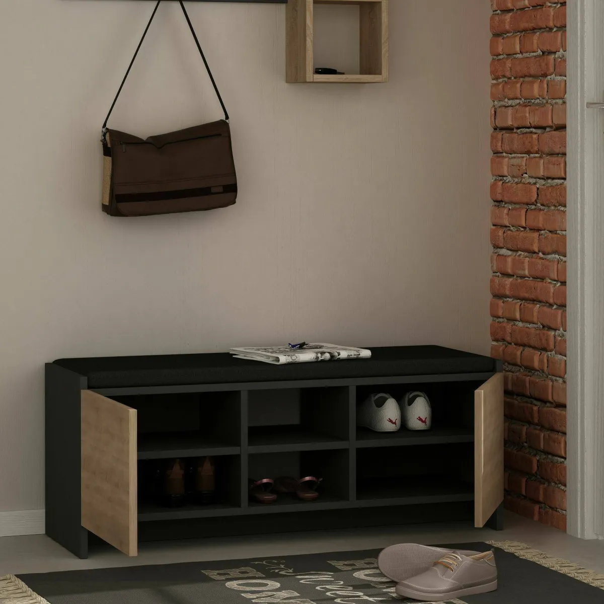 Bagno|Scarpiere > Dmora Scarpiera 2 ante antracite e rovere 110x43h cm - Axar Marrone Rovere, Nero Antracite