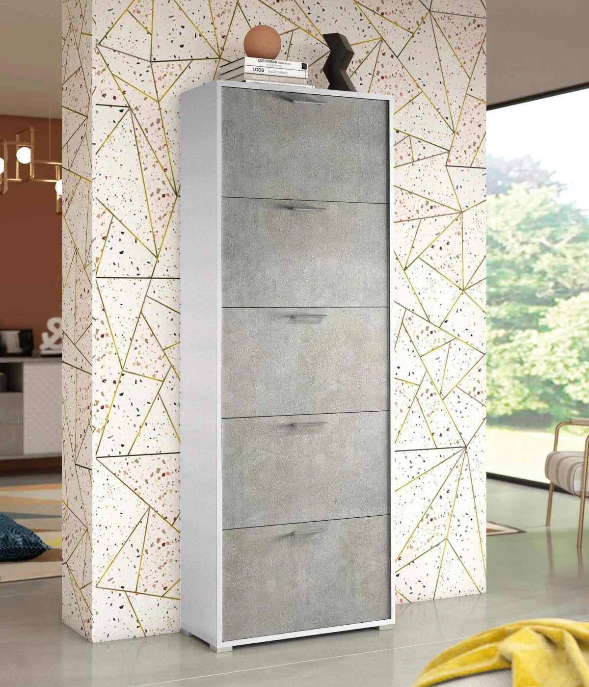 Bagno|Scarpiere > Dmora Scarpiera 5 ante bianca e cemento 67x183h cm - Anina Grigio, Bianco Cemento