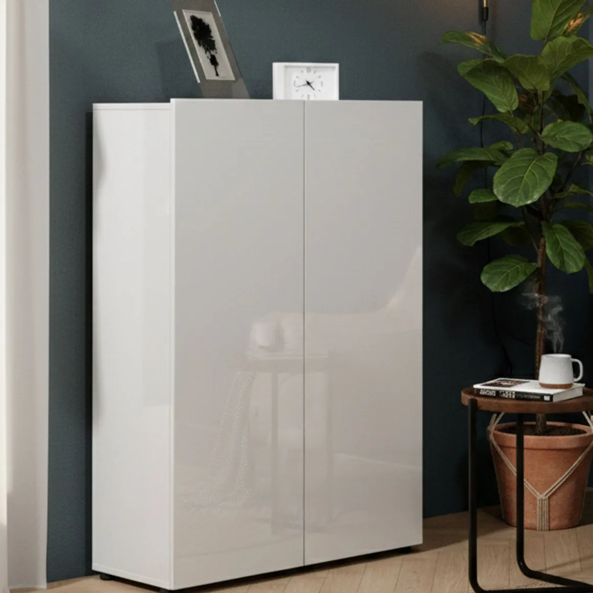 Bagno|Scarpiere > Dmora Scarpiera 2 ante bianca lucida 80x86h cm - Apetta Bianco Lucido