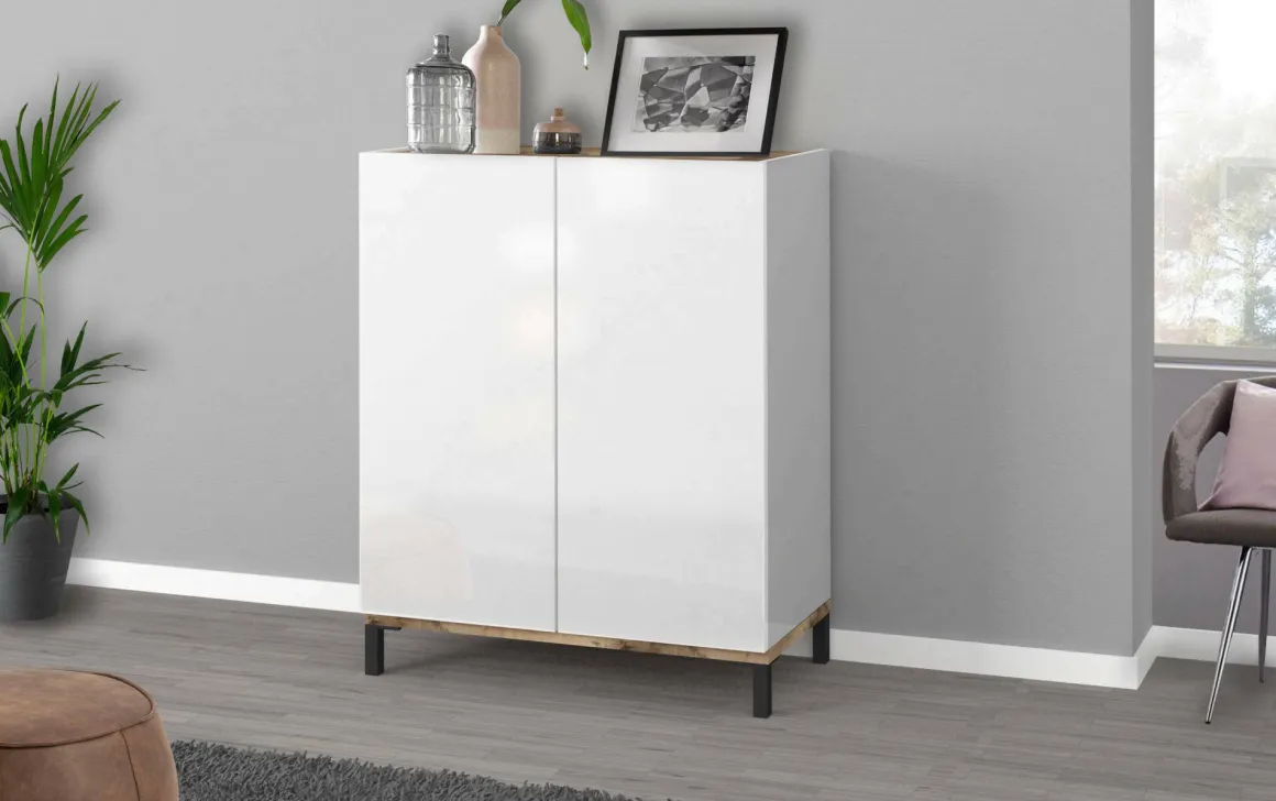 Bagno|Lavanderia > Dmora Scarpiera 2 ante bianca lucida e acero 90x147h cm - Uvarovite Marrone Acero, Bianco Lucido