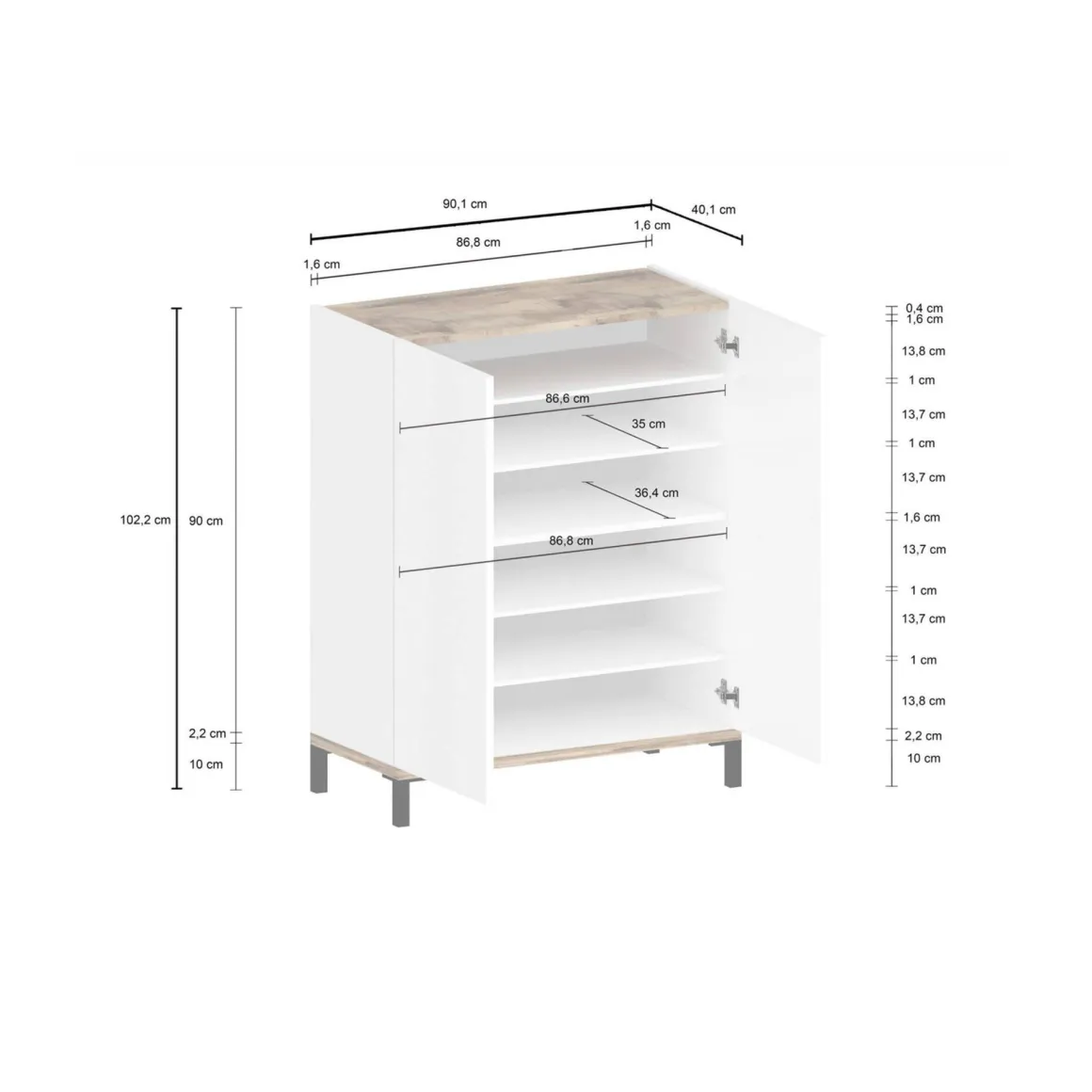 Bagno|Lavanderia > Dmora Scarpiera 2 ante bianca lucida e acero 90x147h cm - Uvarovite Marrone Acero, Bianco Lucido