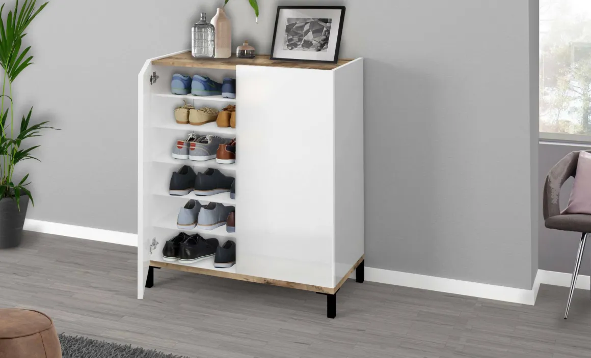Bagno|Lavanderia > Dmora Scarpiera 2 ante bianca lucida e acero 90x147h cm - Uvarovite Marrone Acero, Bianco Lucido