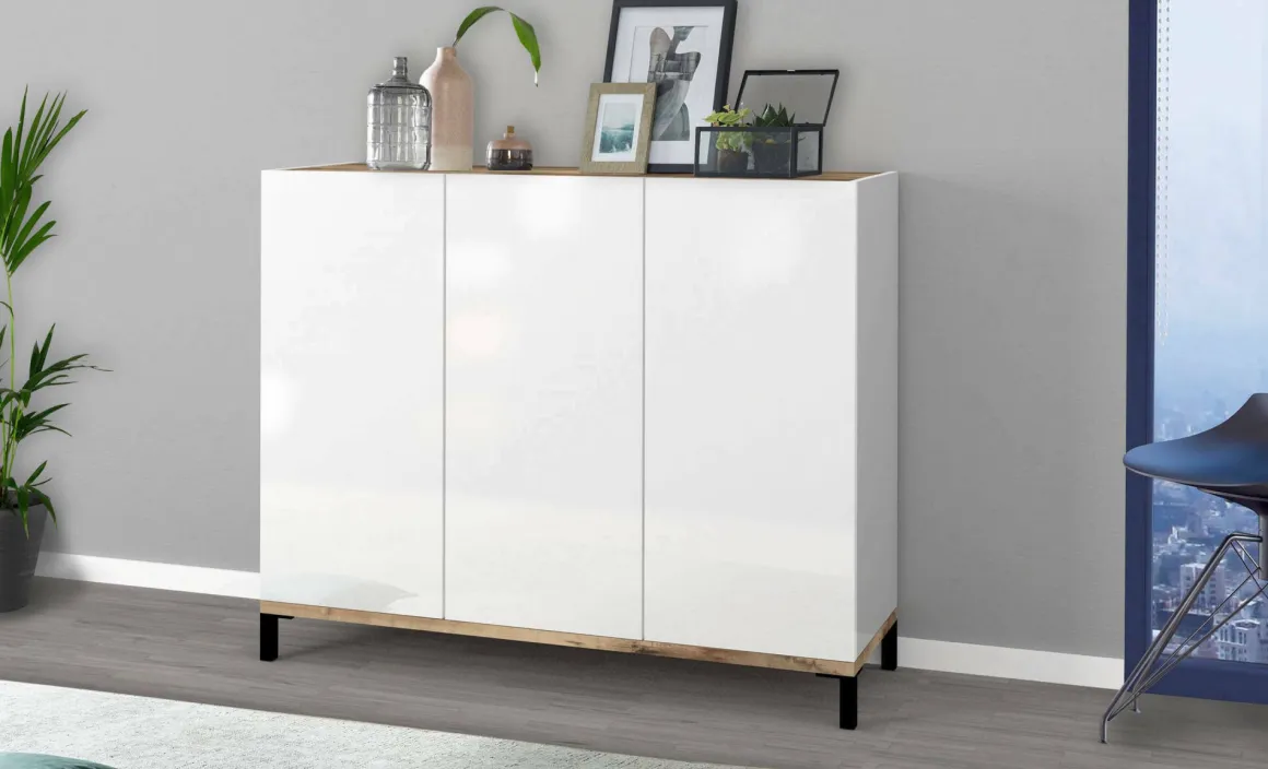 Bagno|Scarpiere > Dmora Scarpiera 3 ante bianca lucida e acero 80x80h cm - Morfeo Marrone Acero, Bianco Lucido