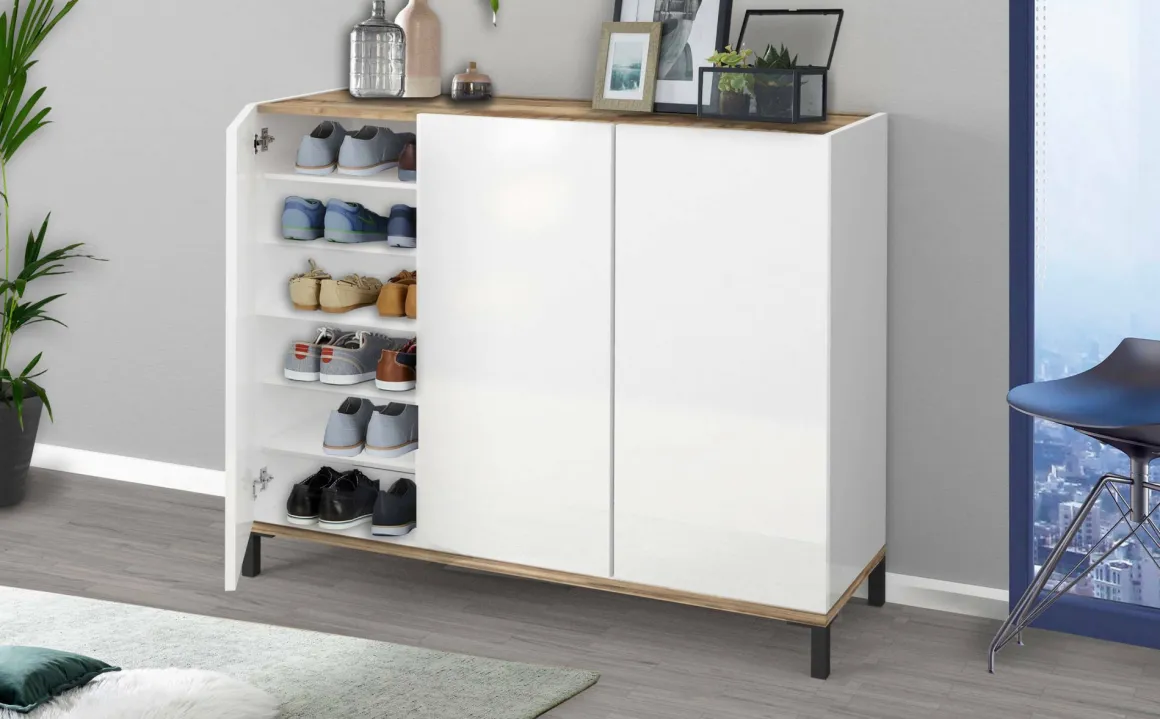 Bagno|Scarpiere > Dmora Scarpiera 3 ante bianca lucida e acero 80x80h cm - Morfeo Marrone Acero, Bianco Lucido