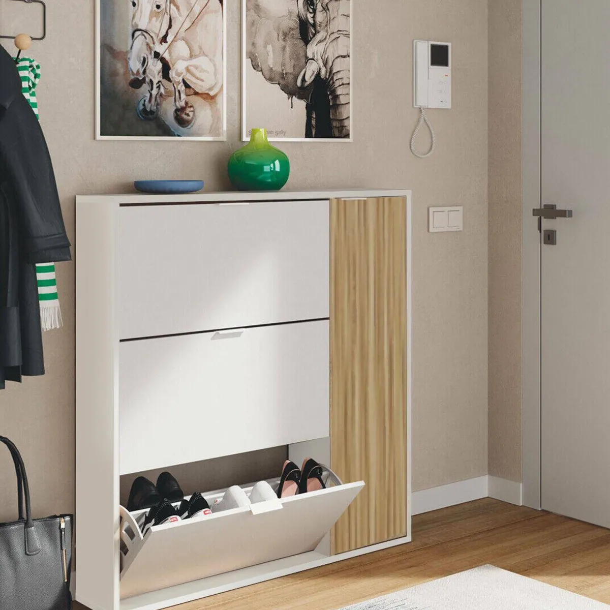 Bagno|Scarpiere > Dmora Scarpiera 4 ante rovere e bianca lucida 105x112h cm - Angor Bianco Lucido, Marrone Rovere