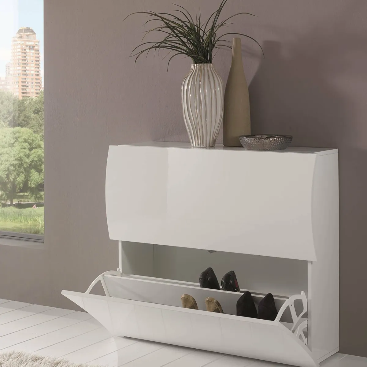 Bagno|Lavanderia > Dmora Scarpiera arrotondata 2 ante bianca lucida 101x82h cm 16 paia - Ape Bianco Lucido