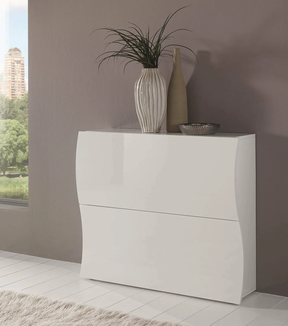 Bagno|Lavanderia > Dmora Scarpiera arrotondata 2 ante bianca lucida 101x82h cm 16 paia - Ape Bianco Lucido