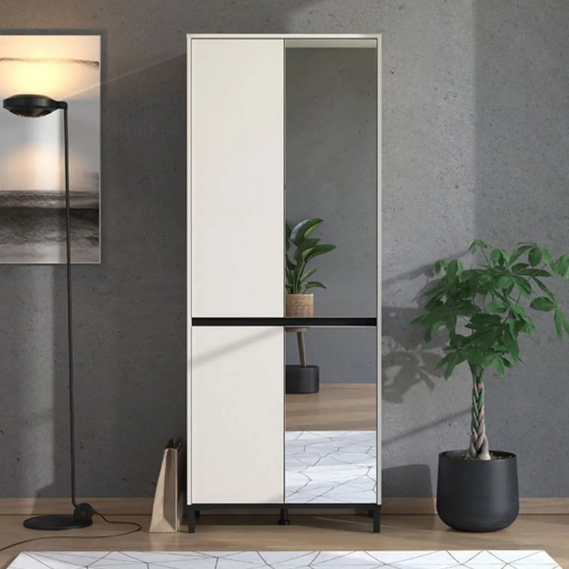 Scarpiera Beige Rovere Nodi Nero 9 Ripiani con Specchio 80x40x205.5h cm, 4 Ante - Scansano