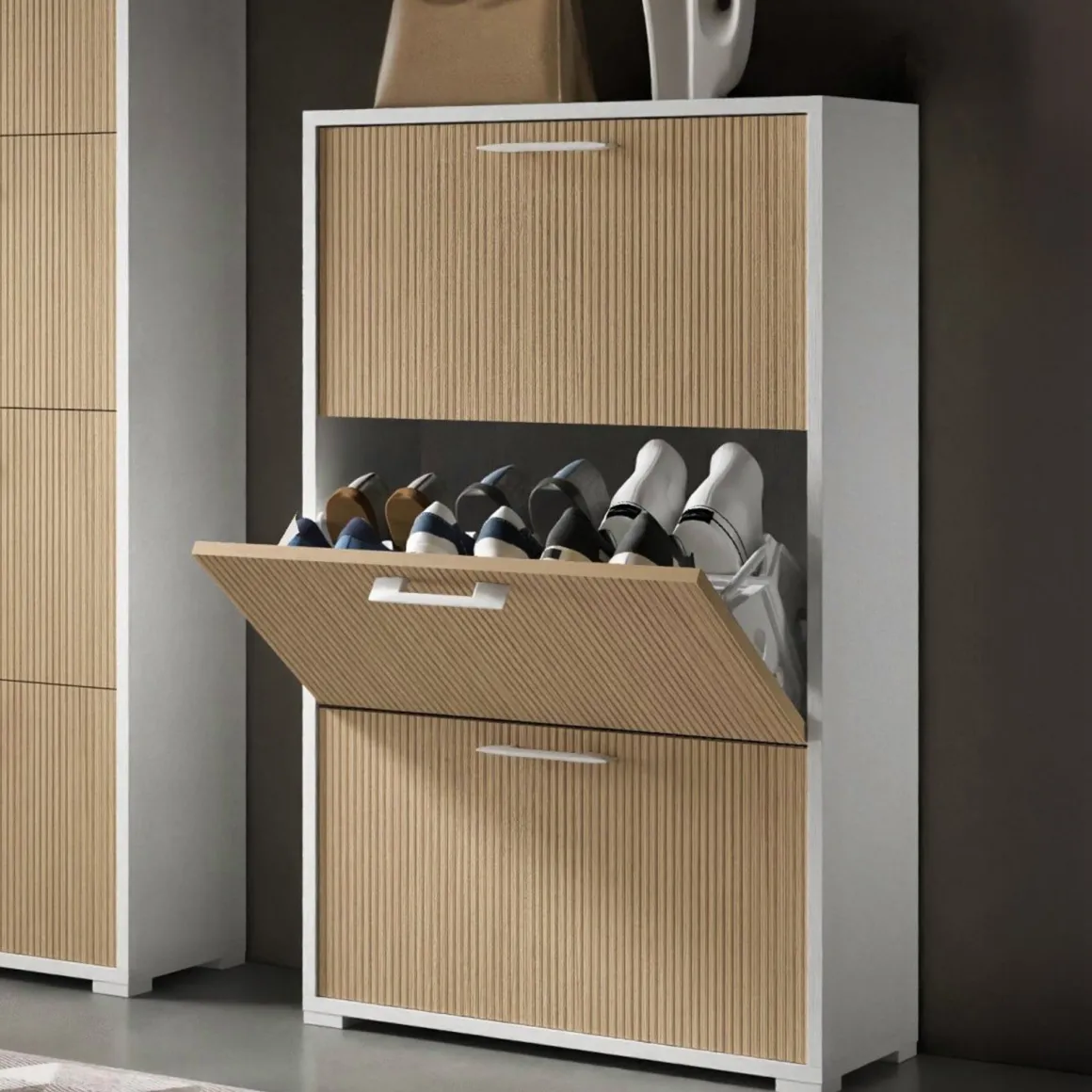 Scarpiere > Dmora Scarpiera Bianco Beige un Ripiano 24 Paia 67x28x147h cm, 4 Vani - Pienza Beige, Bianco