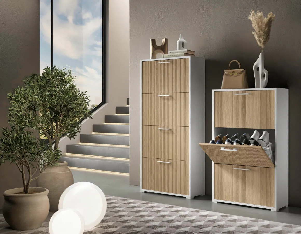 Scarpiere > Dmora Scarpiera Bianco Beige un Ripiano 24 Paia 67x28x147h cm, 4 Vani - Pienza Beige, Bianco