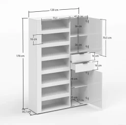Scarpiera Bianco Lucido 2 Cassetti 8 Ripiani 120x35x178h cm, 28 Paia - Rotondo