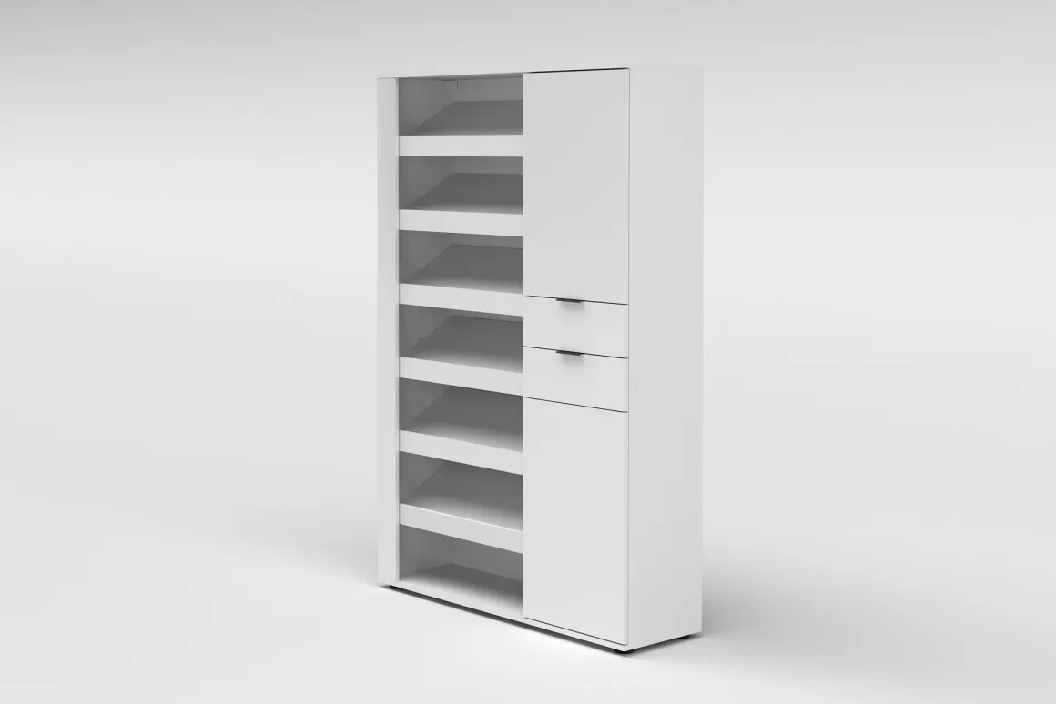 Scarpiera Bianco Lucido 2 Cassetti 8 Ripiani 120x35x178h cm, 28 Paia - Rotondo