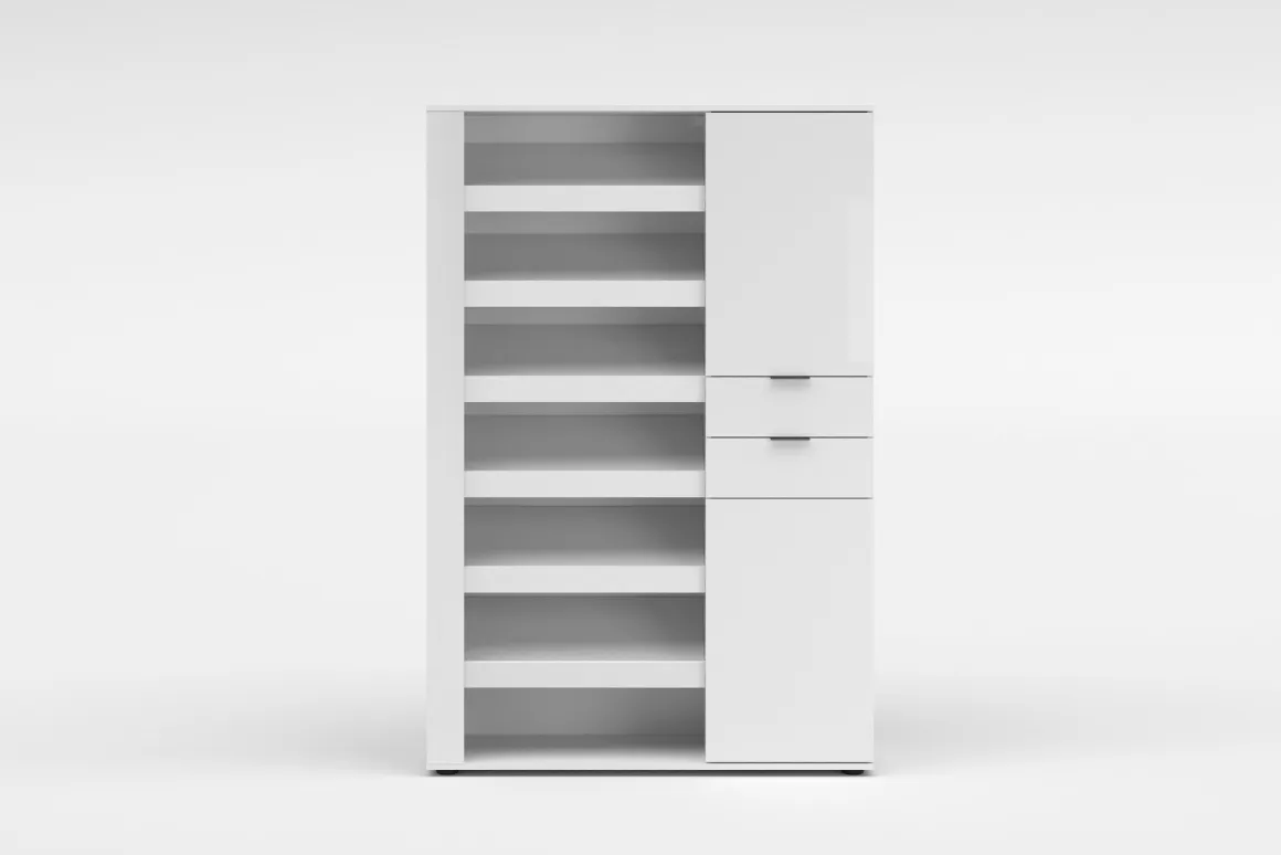 Scarpiera Bianco Lucido 2 Cassetti 8 Ripiani 120x35x178h cm, 28 Paia - Rotondo