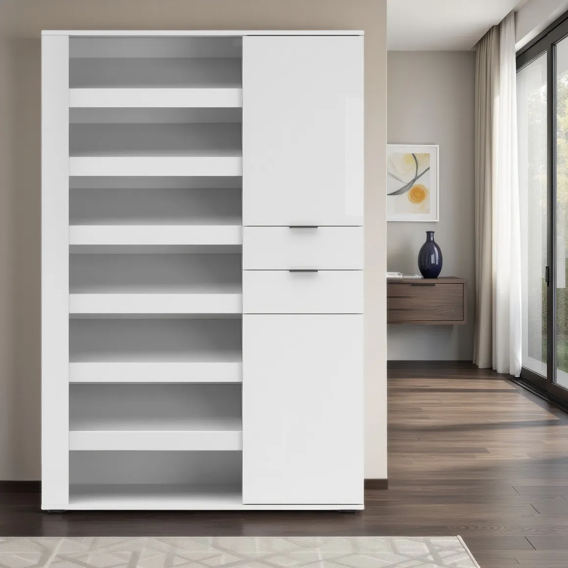 Scarpiera Bianco Lucido 2 Cassetti 8 Ripiani 120x35x178h cm, 28 Paia - Rotondo