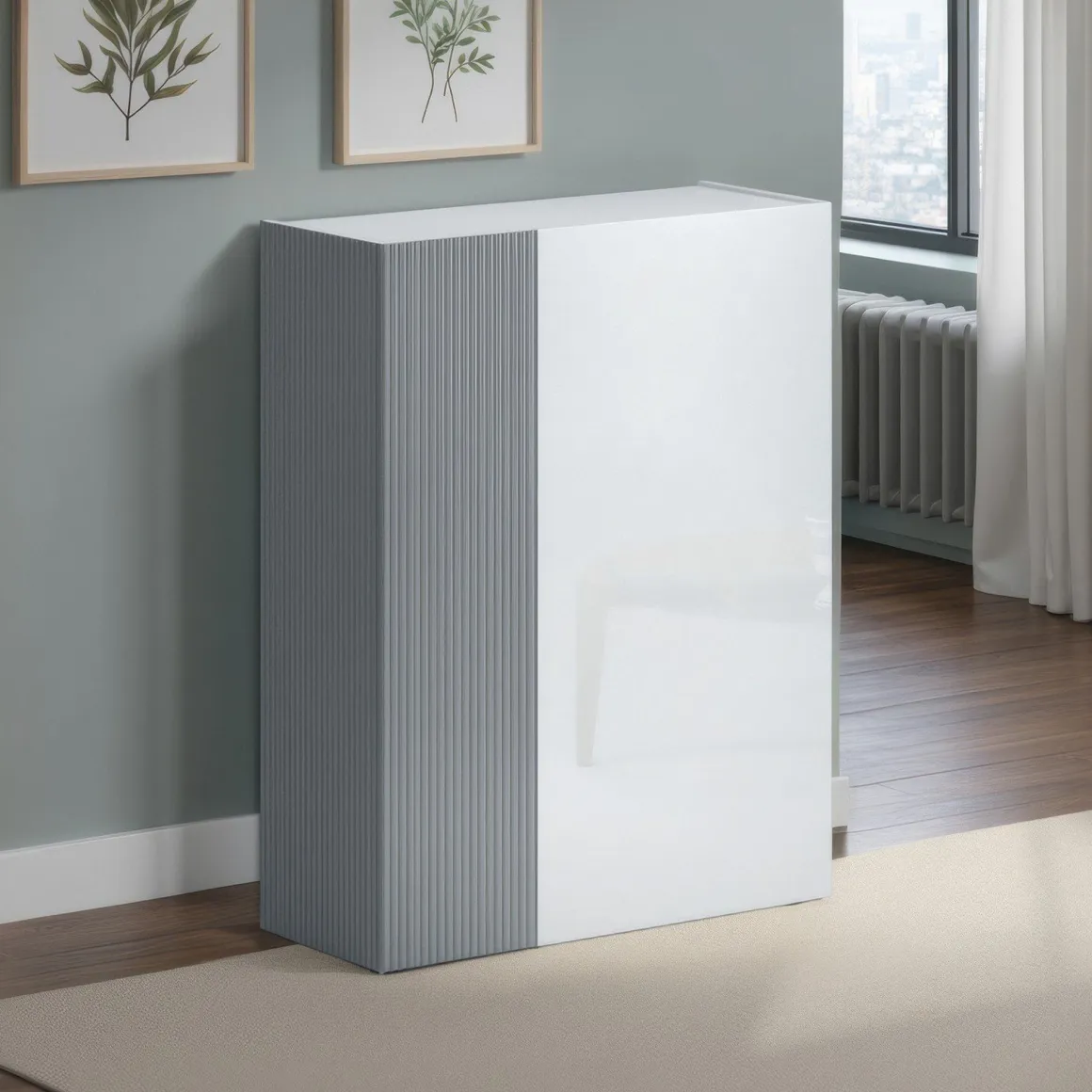 Scarpiera Bianco Lucido Grigio 5 Ripiani 20 Paia 87x34x115h cm, 6 Vani - Caresana