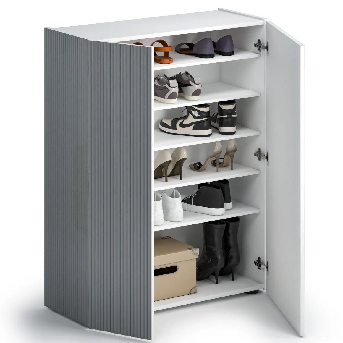 Scarpiera Bianco Lucido Grigio 5 Ripiani 20 Paia 87x34x115h cm, 6 Vani - Caresana