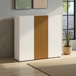 Scarpiere > Dmora Scarpiera Bianco Lucido Marrone Rovere 10 Ripiani 24 Paia 120x34x115h cm, 3 Ante - Palasio Marrone Rovere, Bianco Lucido