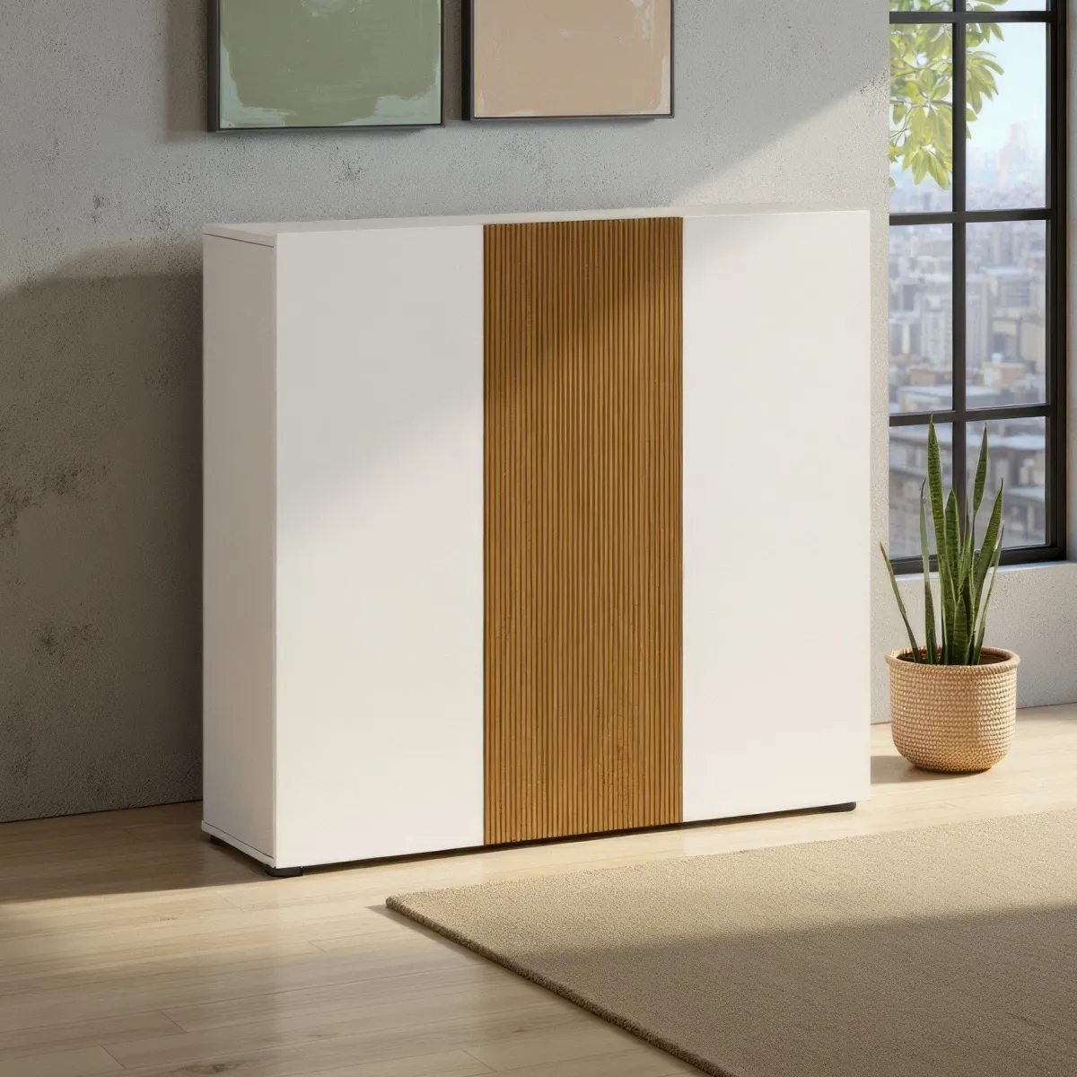 Scarpiere > Dmora Scarpiera Bianco Lucido Marrone Rovere 10 Ripiani 24 Paia 120x34x115h cm, 3 Ante - Palasio Marrone Rovere, Bianco Lucido