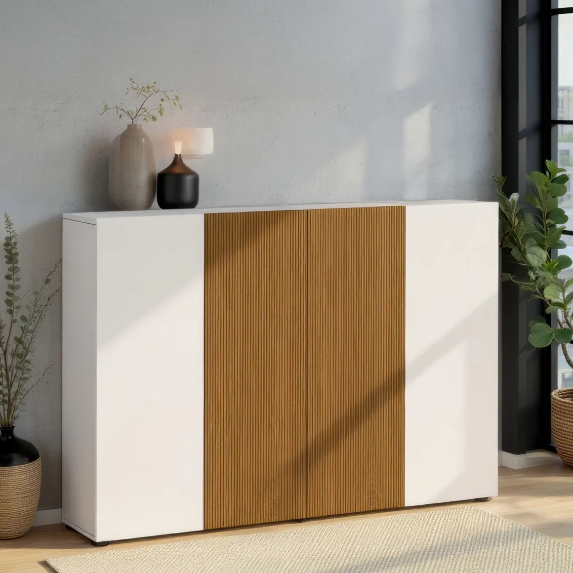 Scarpiera Bianco Lucido Marrone Rovere 10 Ripiani 40 Paia 160x34x115h cm, 4 Ante - Palasio