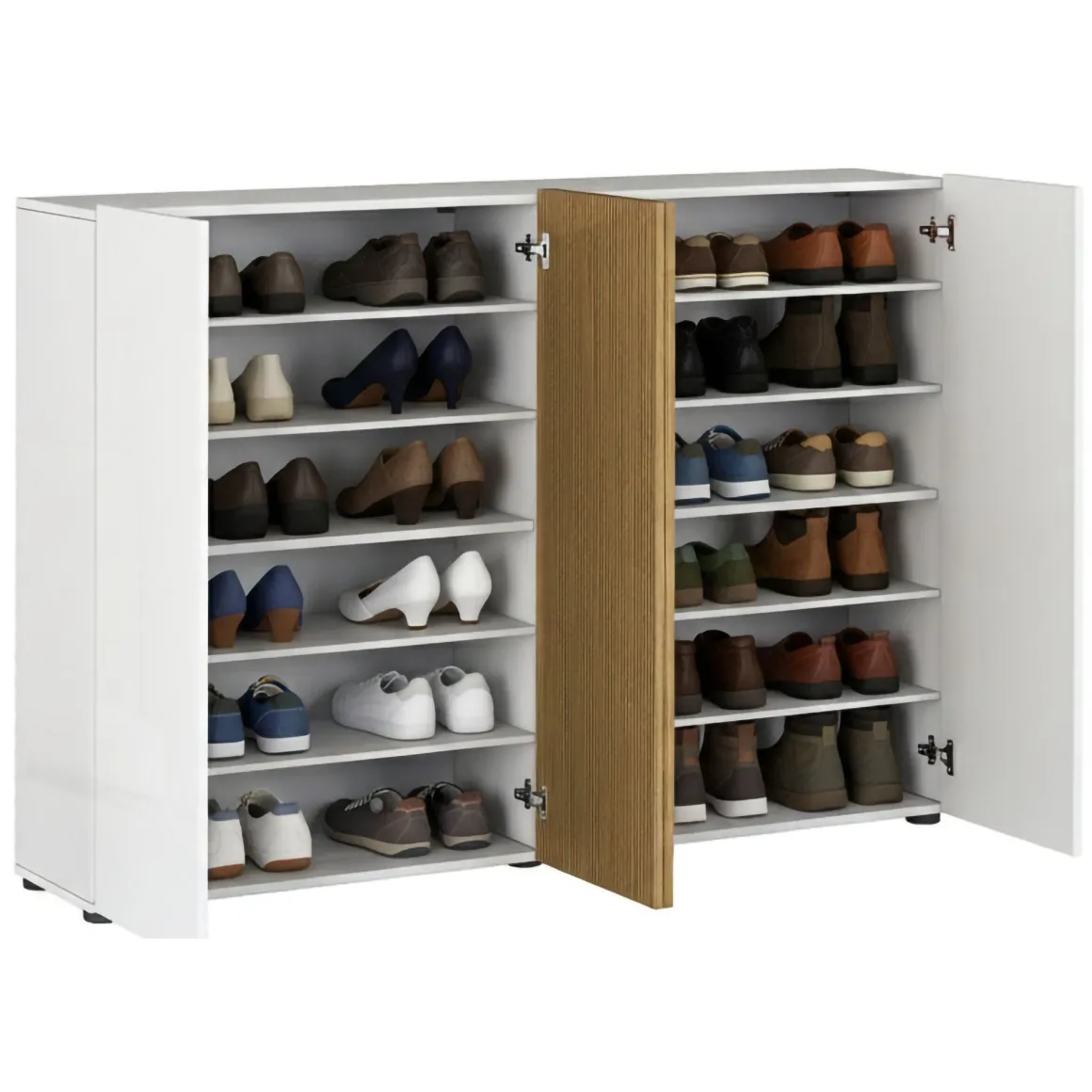 Scarpiera Bianco Lucido Marrone Rovere 10 Ripiani 40 Paia 160x34x115h cm, 4 Ante - Palasio