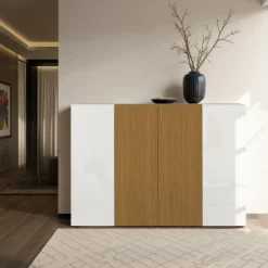 Scarpiera Bianco Lucido Marrone Rovere 10 Ripiani 40 Paia 160x34x115h cm, 4 Ante - Palasio