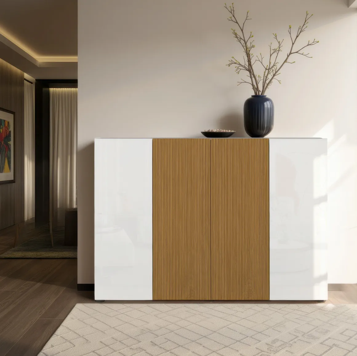 Scarpiera Bianco Lucido Marrone Rovere 10 Ripiani 40 Paia 160x34x115h cm, 4 Ante - Palasio
