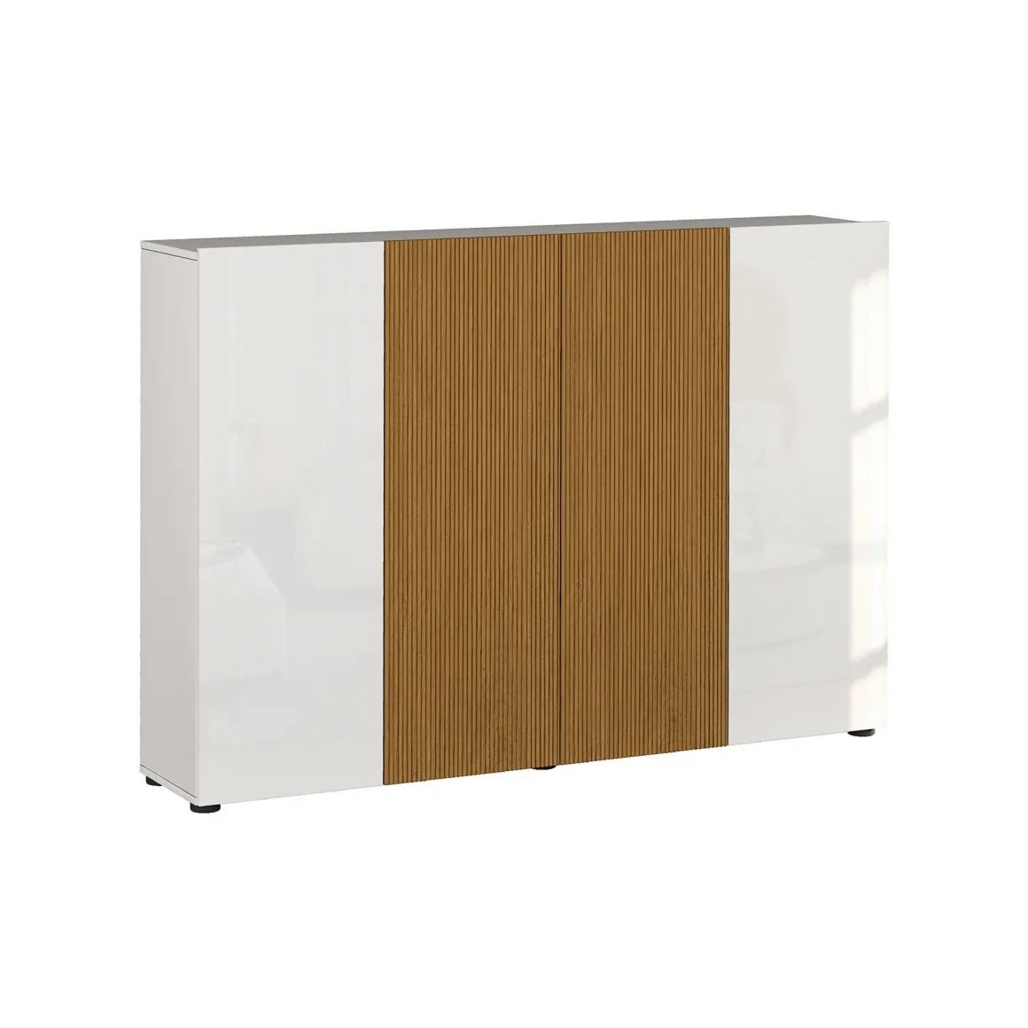 Scarpiera Bianco Lucido Marrone Rovere 10 Ripiani 40 Paia 160x34x115h cm, 4 Ante - Palasio