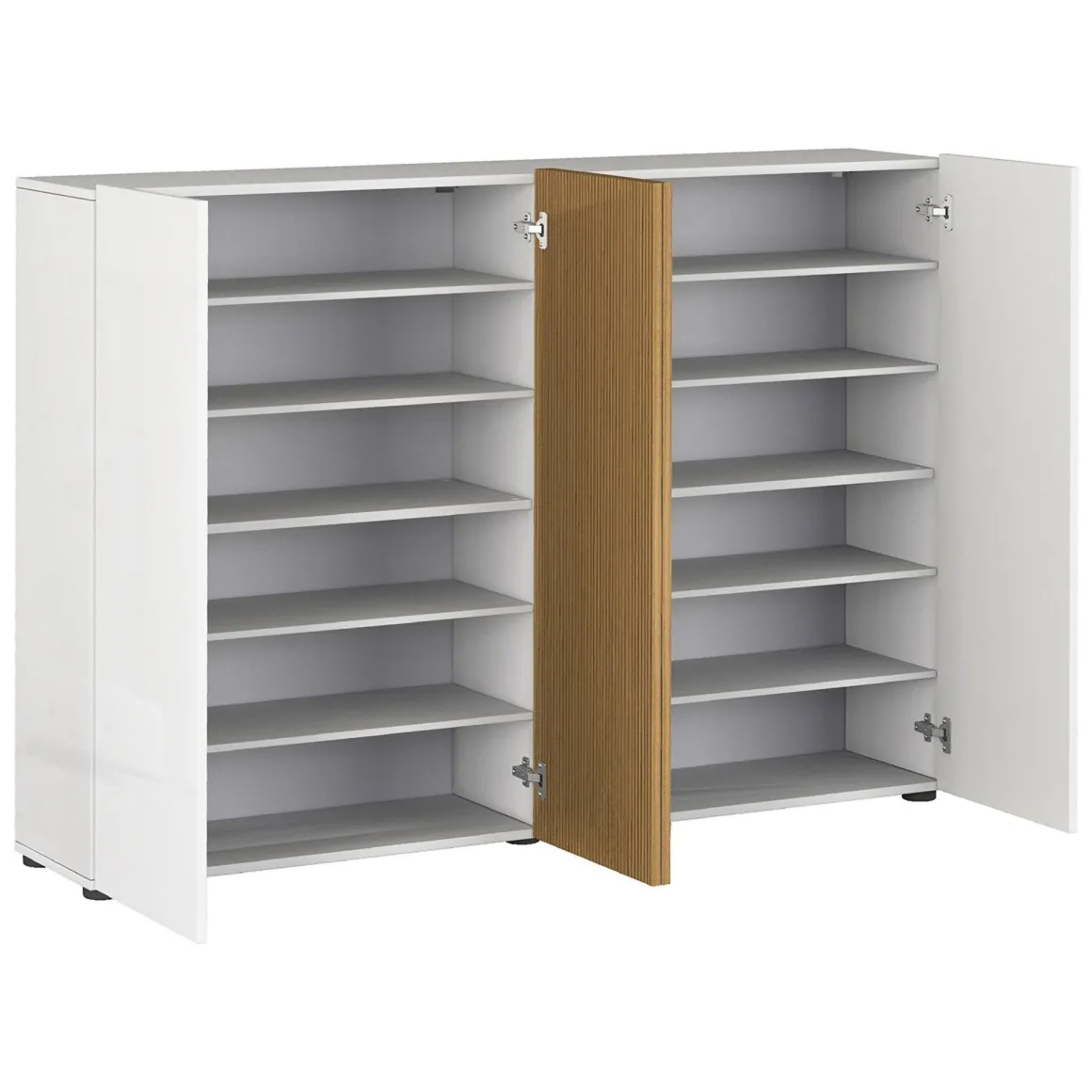 Scarpiera Bianco Lucido Marrone Rovere 10 Ripiani 40 Paia 160x34x115h cm, 4 Ante - Palasio