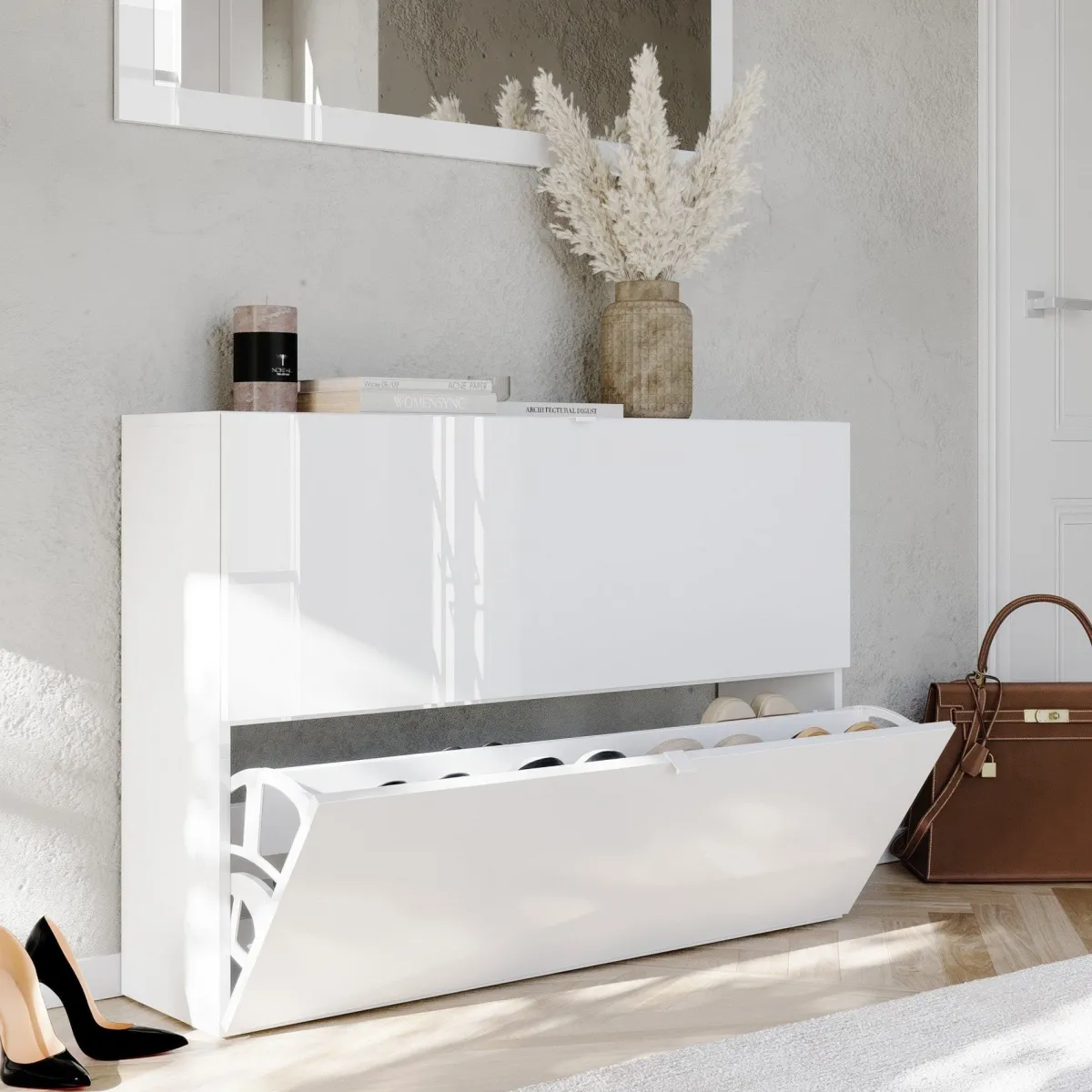 Scarpiere > Dmora Scarpiera 20 Paia 2 Ante 110x25x75h cm, Anta a Ribalta - Lovero Bianco Lucido