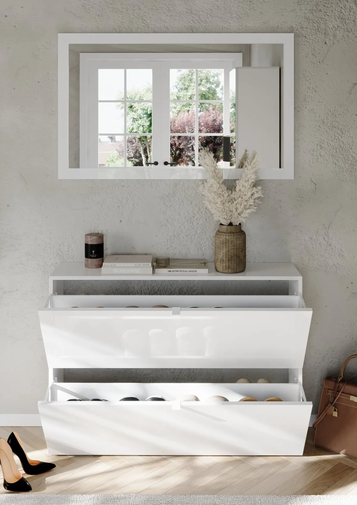 Scarpiere > Dmora Scarpiera 20 Paia 2 Ante 110x25x75h cm, Anta a Ribalta - Lovero Bianco Lucido