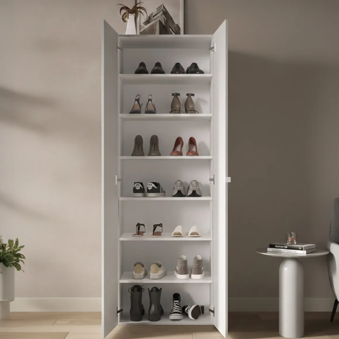 Scarpiera Bianco Lucido 6 Ripiani 21 Paia 63x35x186h cm, 7 Vani - Genuri