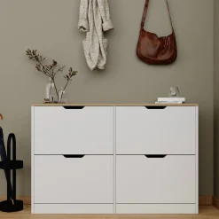 Scarpiera Bianco Marrone Rovere 4 Ripiani 12 Paia 121x30x79h cm, 4 Ante - Invorio