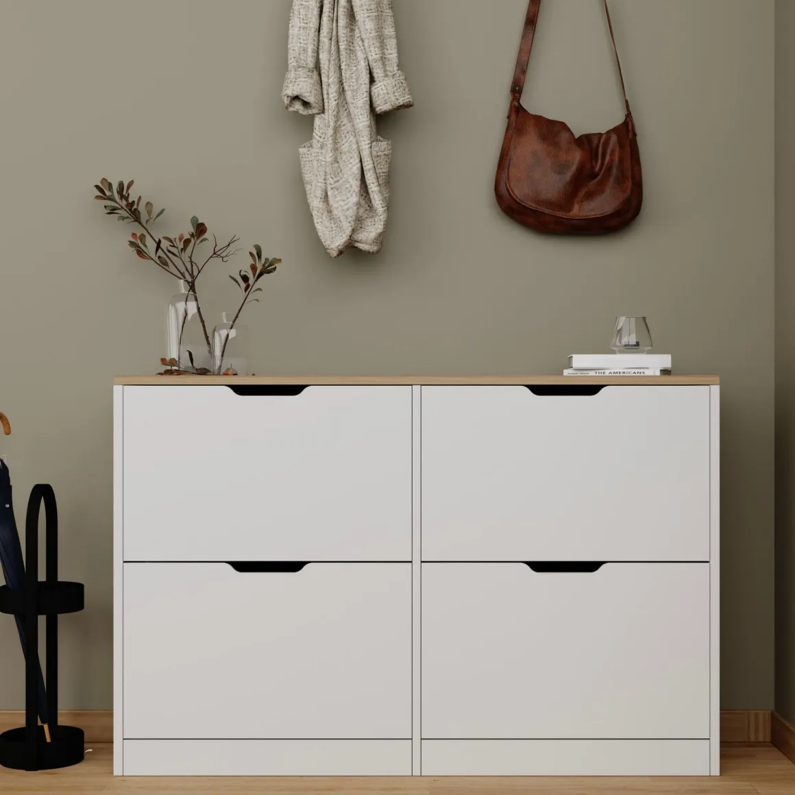 Scarpiera Bianco Marrone Rovere 4 Ripiani 12 Paia 121x30x79h cm, 4 Ante - Invorio