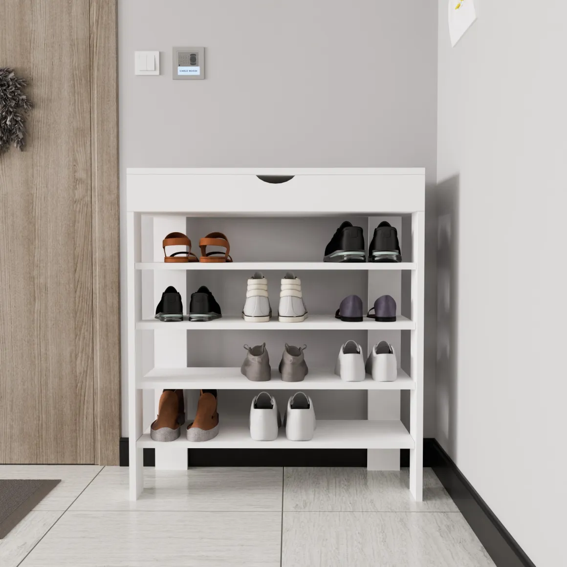 Scarpiera Bianco 5 Ripiani 12 Paia 80x30x90h cm, Un'anta - Monastero