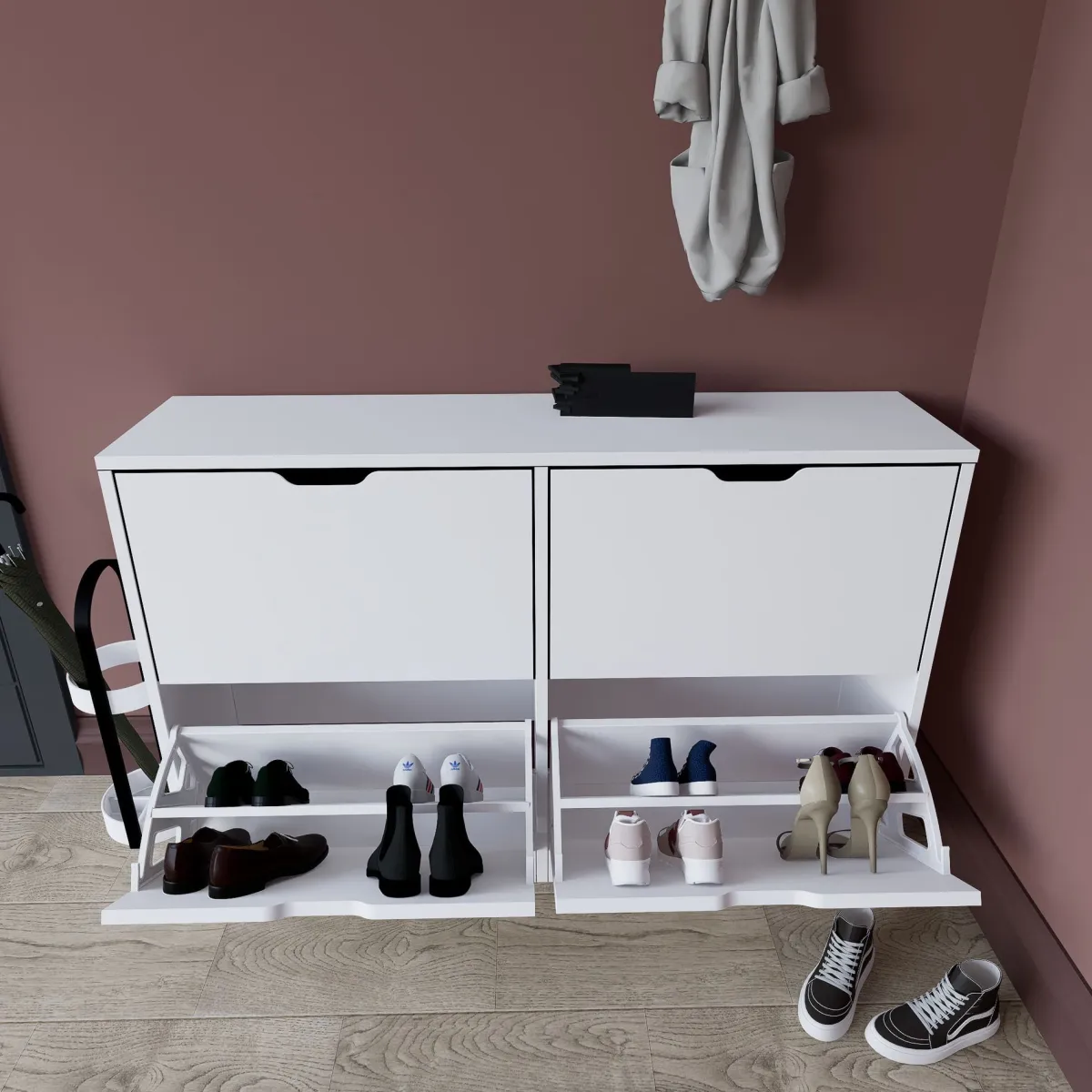 Scarpiere > Dmora Scarpiera 8 Ripiani 24 Paia 121x30x79h cm, 4 Ante - Greccio Bianco
