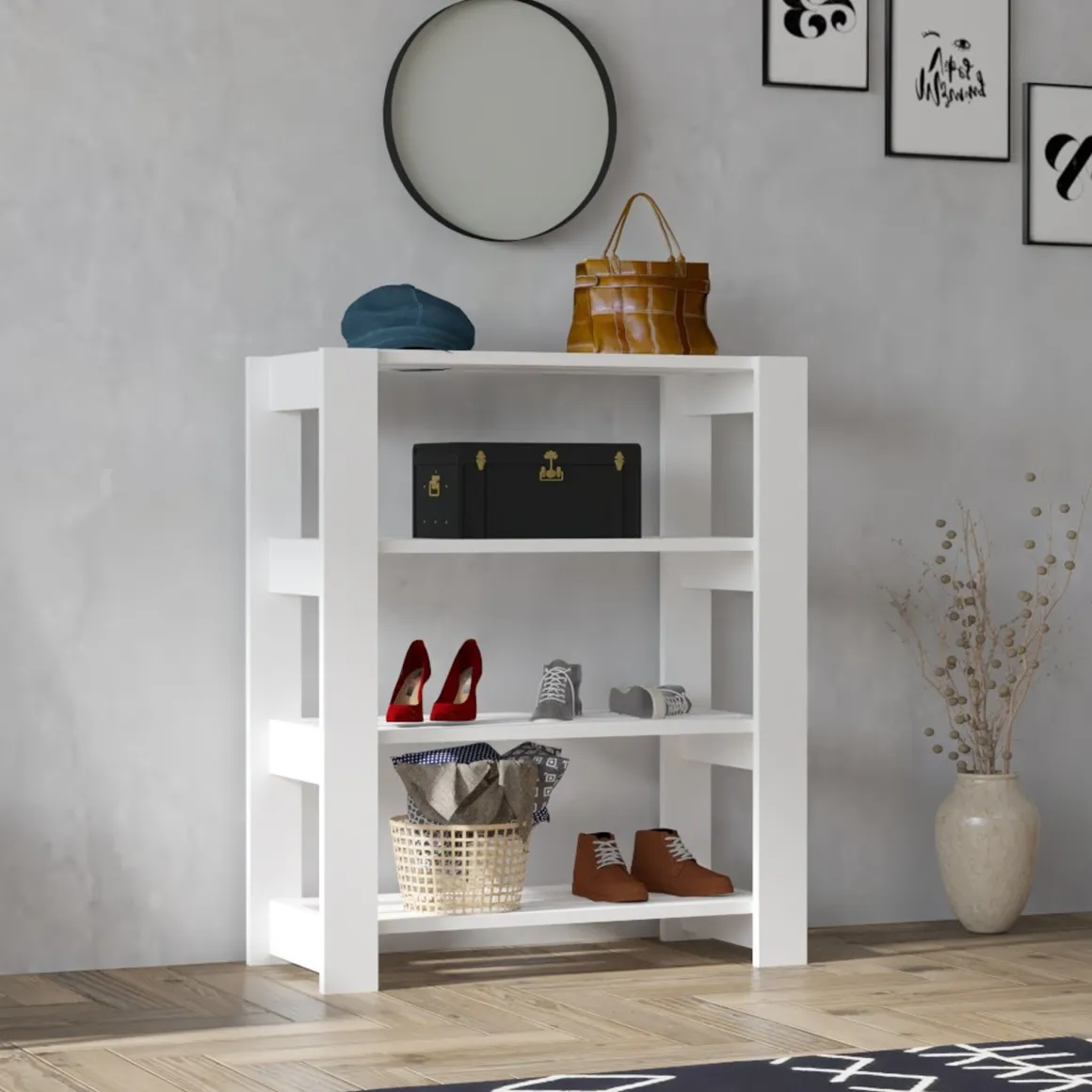 Scarpiera Bianco 4 Ripiani 3 Vani 70x34x90h cm, Installazione a Terra - Brembilla