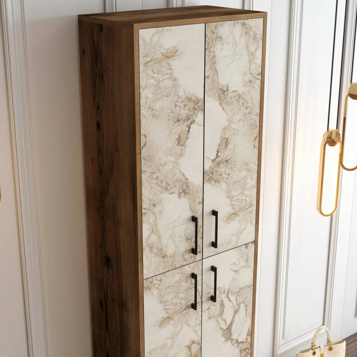 Scarpiera Dolivier, 60x35h200 cm, Noce e Bianco Marmo